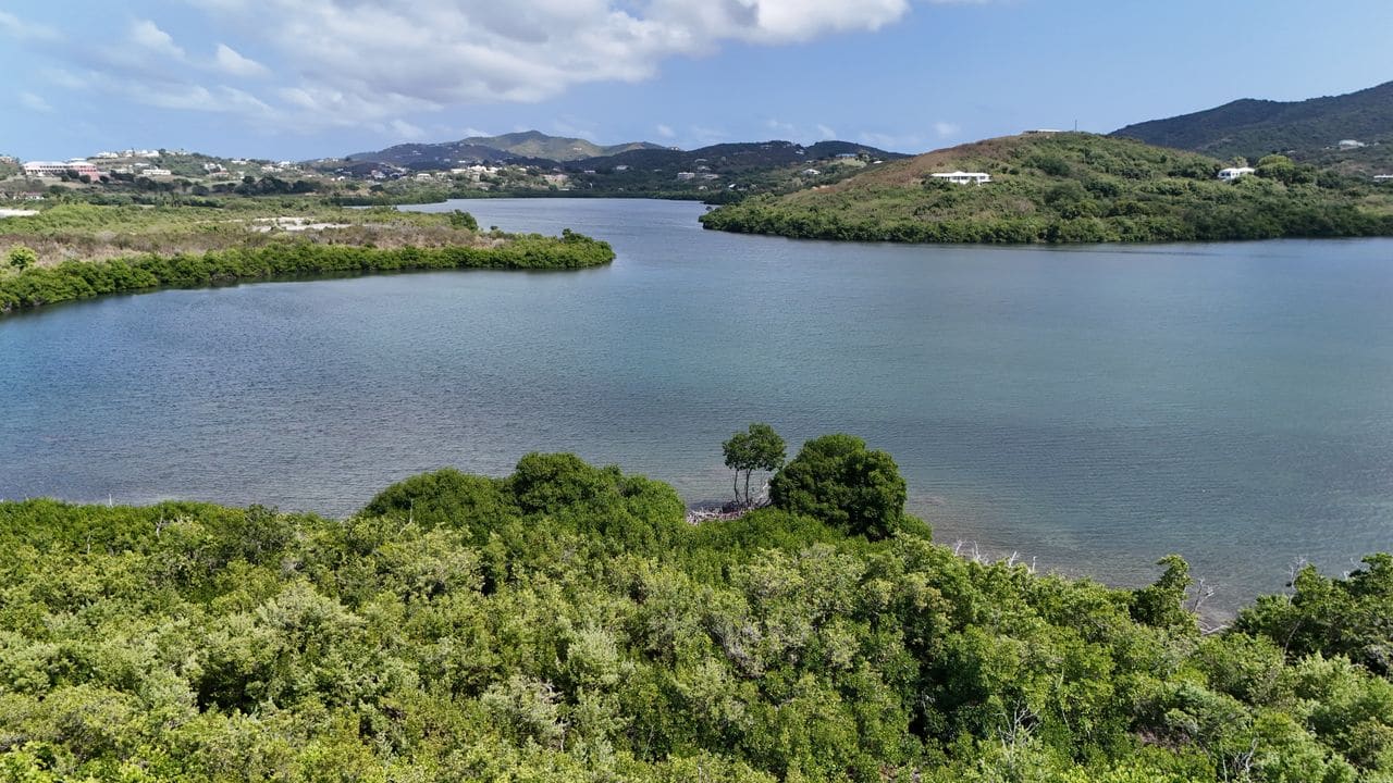Aerial view of an island surrounded by a shallow lagoon and foreshore