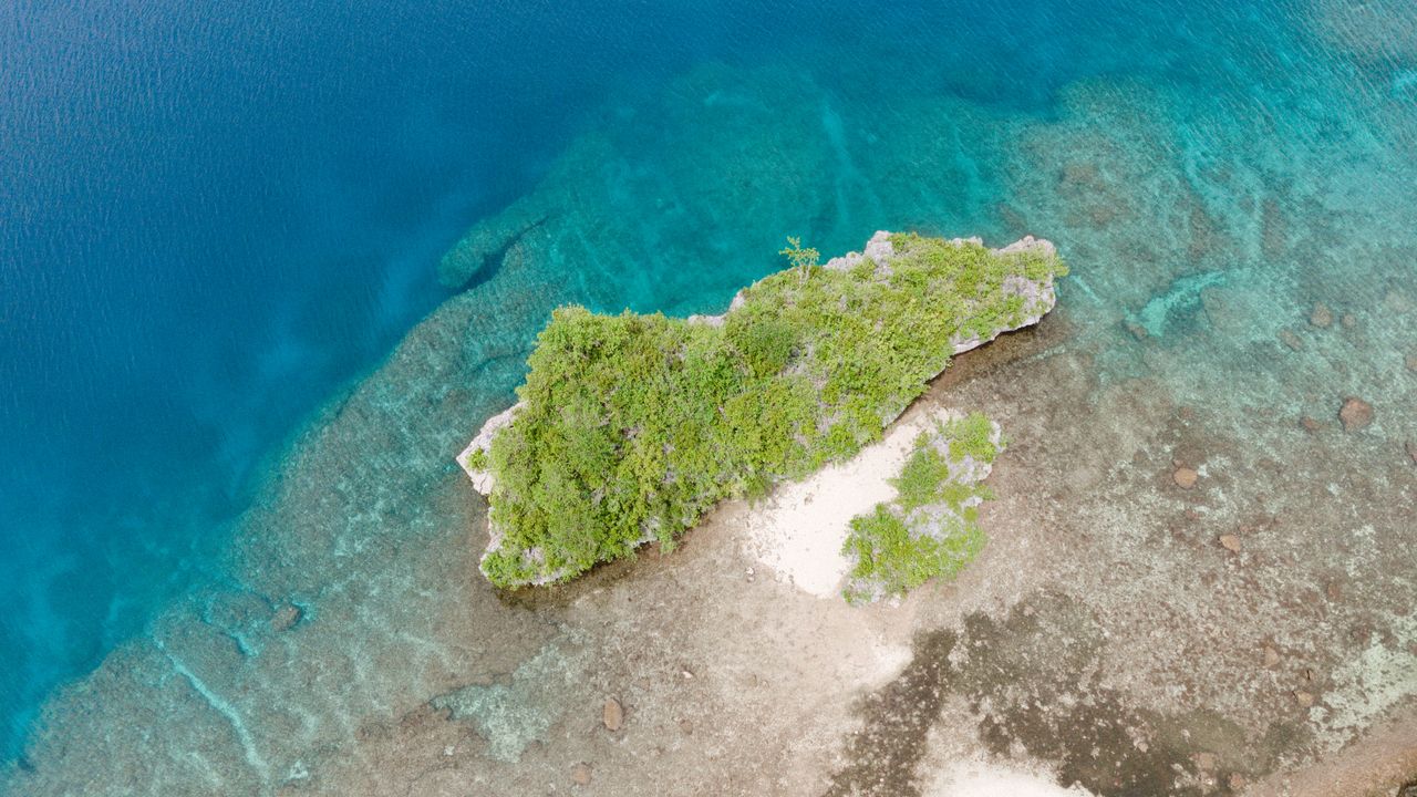 Coral reef encircling an island seen from above, highlighting shoreline changes